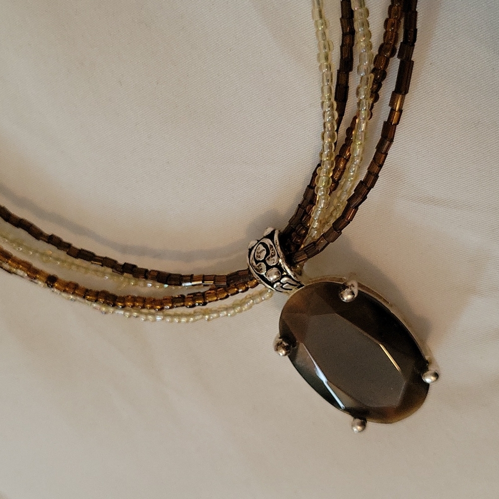 Vintage five string Beaded Necklace w/ Brown Stone - Picture 4 of 6